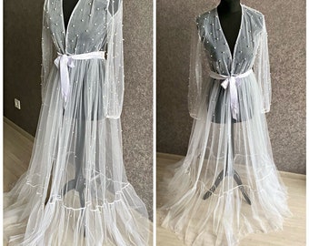 Pearl Tulle Bridal Robe Pearl wedding robe Beaded ruffle robe Long Sheer Wedding Dressing Gown Wedding morning Ruffle robe Bridesmaid gift