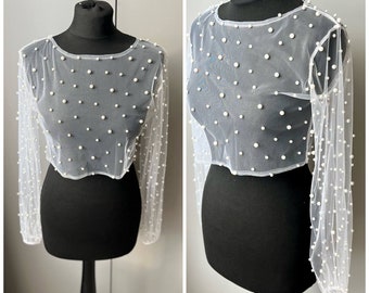 Bridal Jacket  Boho Bride cover for bride Pearl Wedding Bolero Pearl Wedding Shawl Jacket Bolero with Pearls Pearl crop top Pearl blouse