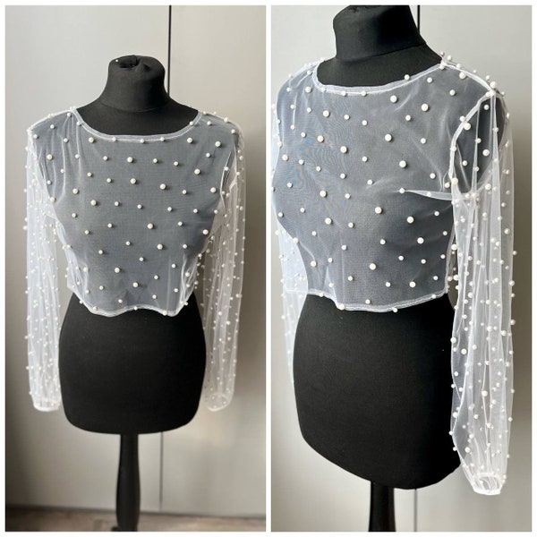 Bridal Jacket  Boho Bride cover for bride Pearl Wedding Bolero Pearl Wedding Shawl Jacket Bolero with Pearls Pearl crop top Pearl blouse