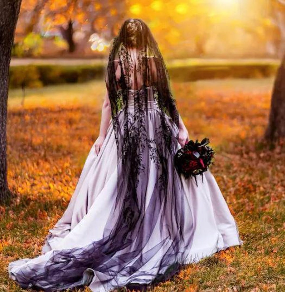 Gothic Black Wedding Veil: Embroidered Leaf Chapel Lace - Etsy display picture 1