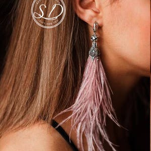 Blush pink Ostrich feather earrings blush Fluffy Earrings Sister of bride earrings Tassel jewelry Long Fringe Statement Earrings