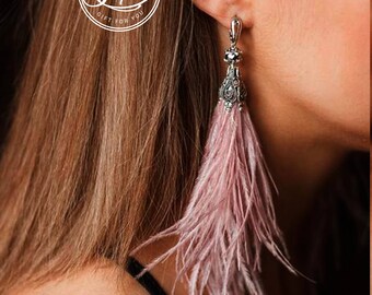 Blush pink Ostrich feather earrings blush Fluffy Earrings Sister of bride earrings Tassel jewelry Long Fringe Statement Earrings