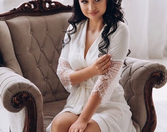 Lace Bridal Robe White Lace Robe Women's Kimono Sheer lace robe lace dressing gown lace bridal robe lace night robe Ivory Bridal Robe