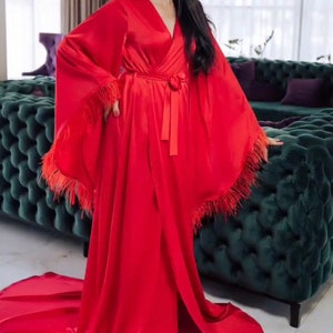 Red Feather Robe Burgundy silk robe Hollywood Style Bridal Boudoir Robe Red Feather Trim Robe Ostrich Feathers robe Red Luxury Silk Robe image 3