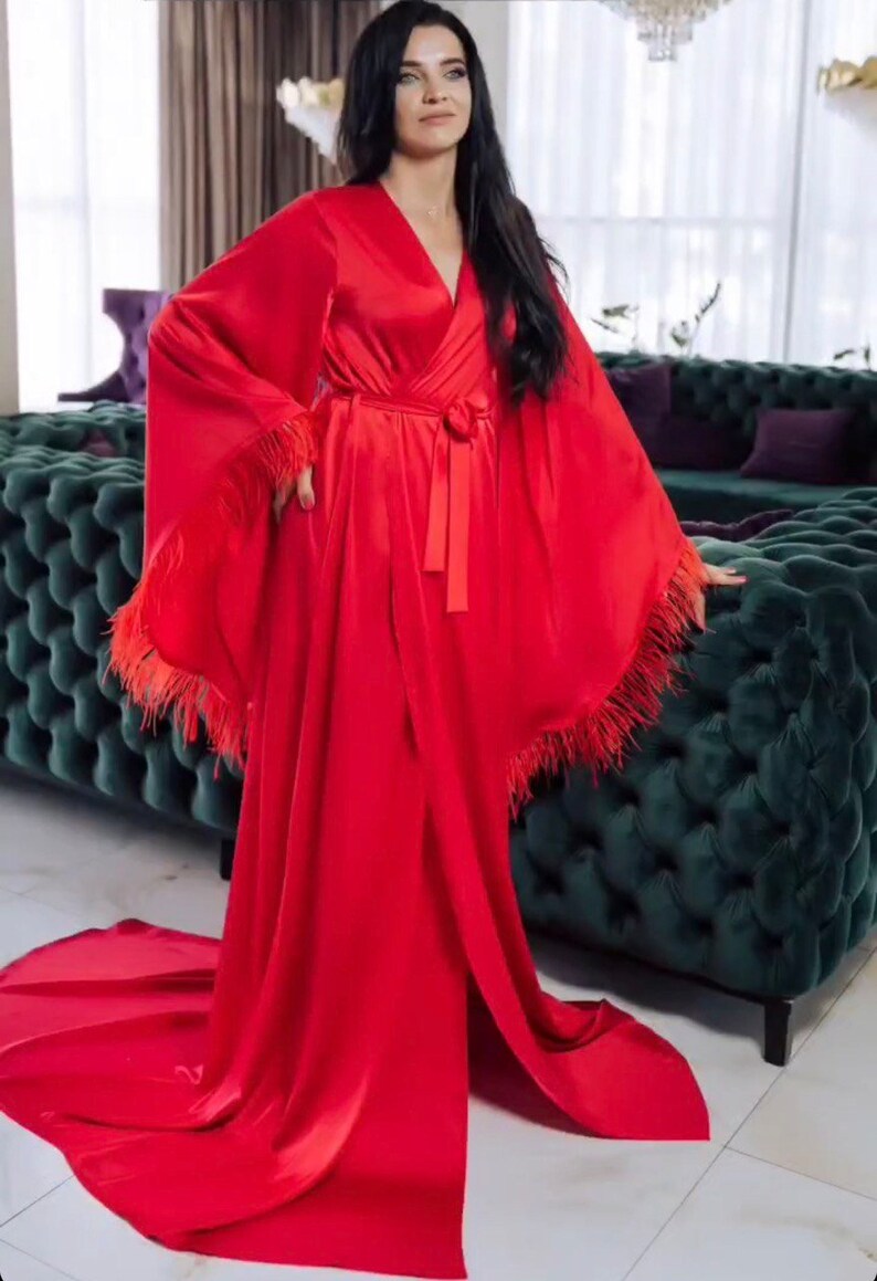 Red Feather Robe Burgundy silk robe Hollywood Style Bridal Boudoir Robe Red Feather Trim Robe Ostrich Feathers robe Red Luxury Silk Robe image 3