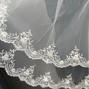 Chapel embroidery flower veil Boho Wedding Veil Lace Bridal Veil fingertip veil Chapel Floral Veil  Celestial Embroidery Veil leaves veil
