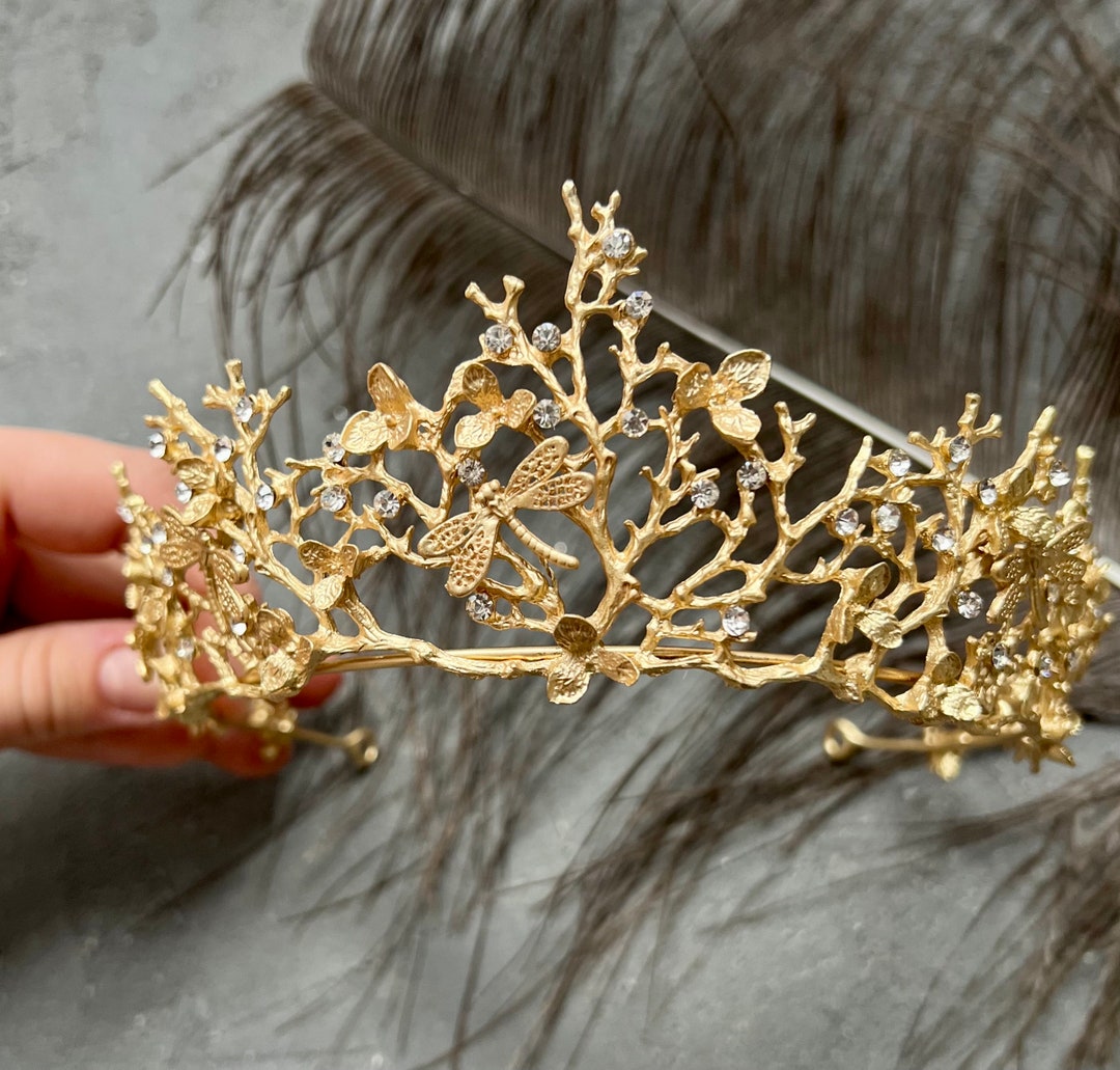 Butterfly & Floral Bridal Tiara – Gold Tone – Never Worn Gold Bridal Crown With Butterflies, Clay Flowers and Leaves  main image 4