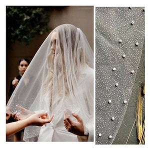 Pearl Veil Cathedral Veil Pearl Tulle Bridal Veil with Pearls Veil Simple Pearl Decor Scattered Pearl Veil Fingertip Veil Glitter Wedding Ve