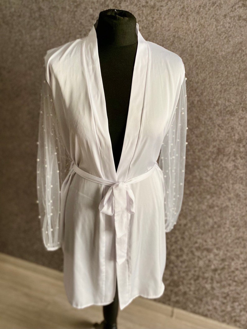 Pearl Wedding Bridal Robe Bridal Robe with Pearl Sleeves kimono robe with pearls boudoir robe Pearl Maternity Robe Pearl Transparent Robe image 9