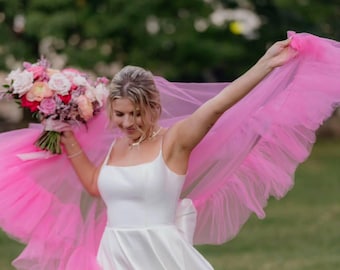 Velo de novia rosa con volantes, velo rosa esponjoso, velo de tul rosa empolvado estilo Las Vegas, velo único, velo rosa con volantes, velo colgante, velo con borde de volantes