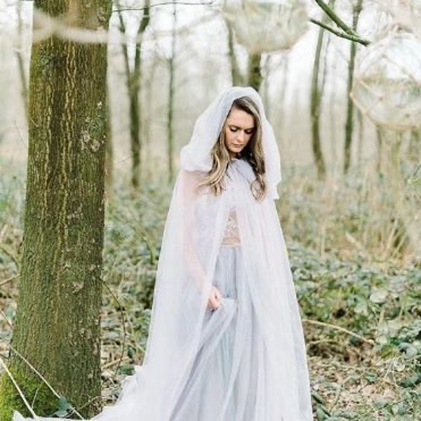 Tulle Hooded Cape Hooded Wedding Veil simple cape veil bridal veil Wedding cape with hood bridal cloak Chapel veil mantilla Long Tail Cape