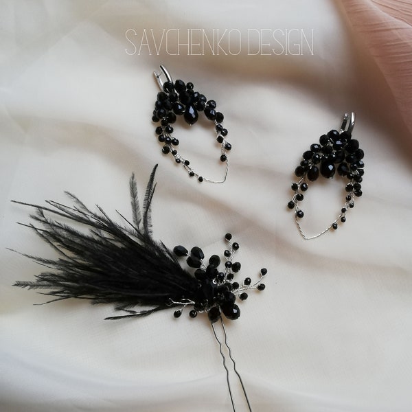 Black Feather bridal jewelry Hair Pin and earrings  Gatsby hair piece  feathers hair comb  feather hair comb earrings set Headpiece 1920