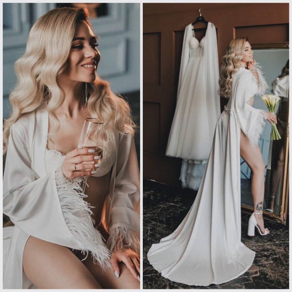 Robe de mariée en plumes Robe de mariée avec manches en plumes Robe de grande taille Robes de mariée Cadeau de demoiselle d'honneur Robe de chambre longue en soie Robe de mariée longue avec traine