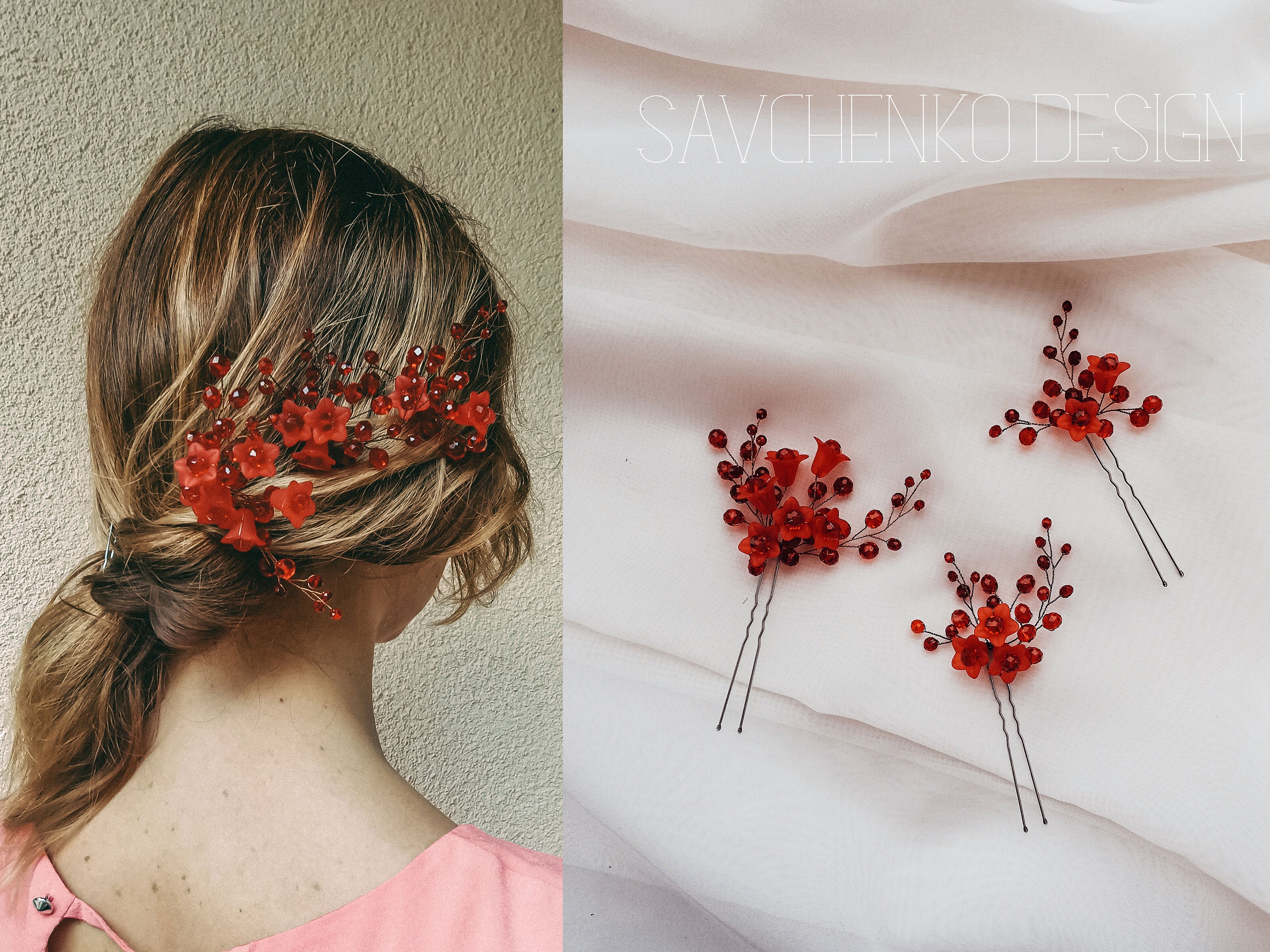 Set of 3 wedding floral hair pins red hair accessoriesbridal Etsy