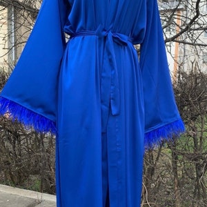 Navy Blue Bride robe with feather sleeves Bridal Party Robes satin bridal Lingerie Blue feather robe boudoir robe plus size feather robe
