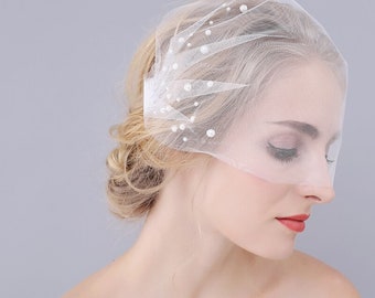 Pearl Birdcage Veil birdcage veil with pearls Short Wedding Veil Pearl Veil Bachelorette short veil French mesh Mini tulle veil with pearls