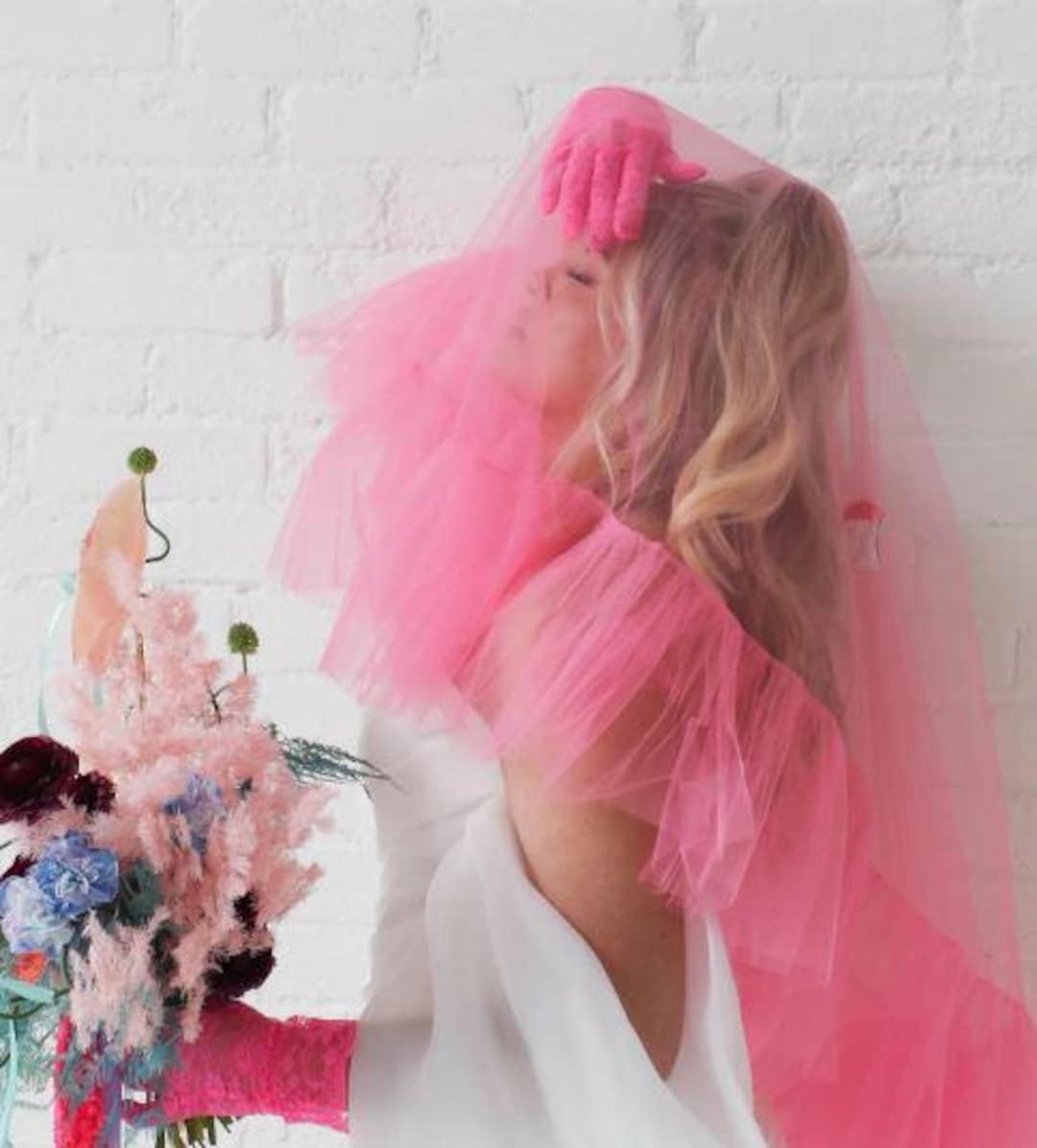 Rose Pink Ruffle Wedding Veil Hot Pink Wedding Veil Disco Hen