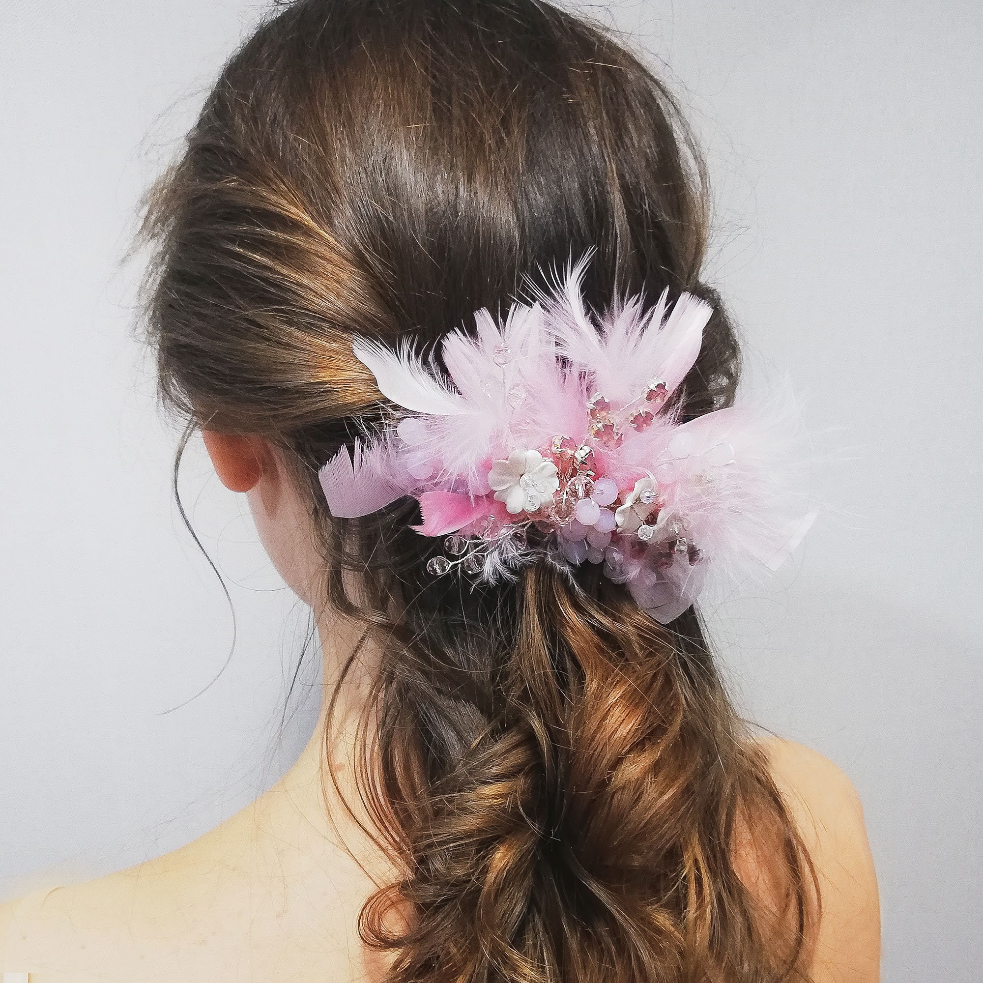 Pink Feather Hair Comb Wedding Flower Piece Floral Hair  display picture 1