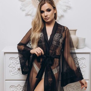 Black Lace Robe Silk Lace Bridal Party Robes Sheer lace robe Gothic Long Black Lace Robe lace bridal robe lace night robe Black wedding image 7