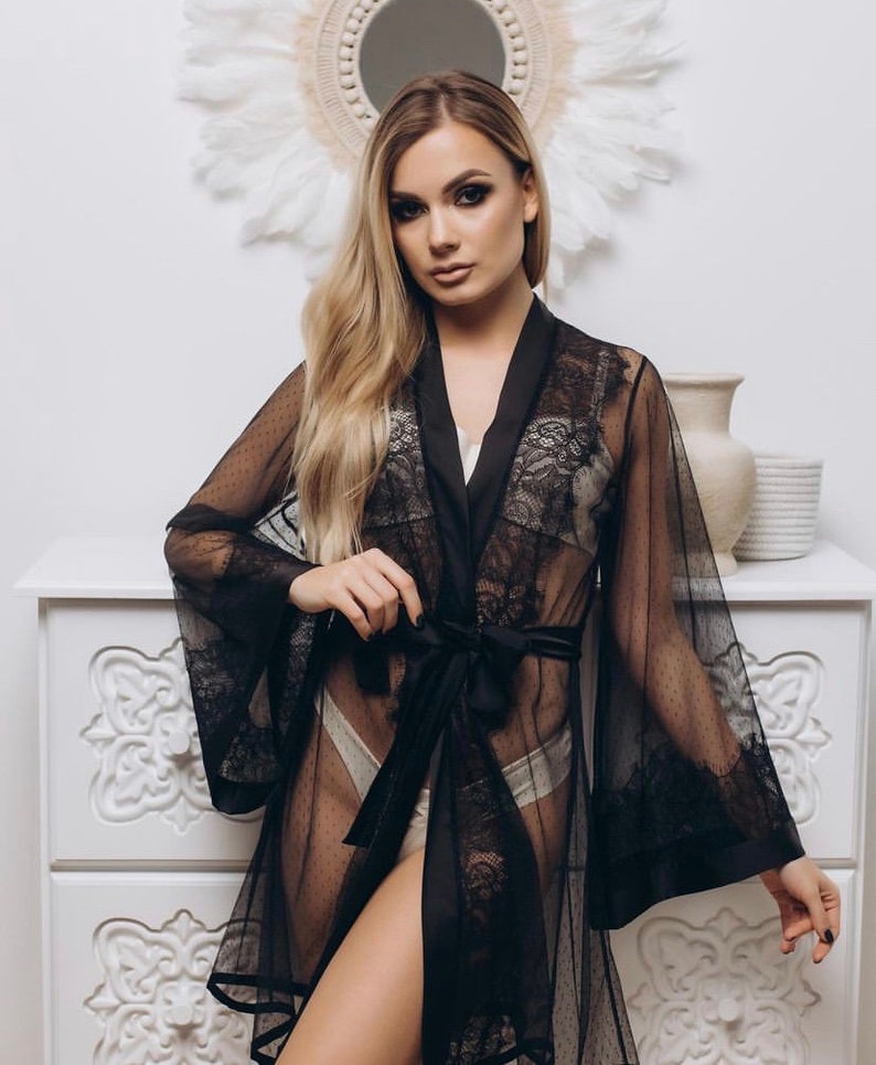 Black Lace Robe Silk Lace Bridal Party Robes Sheer lace robe Gothic Long Black Lace Robe lace bridal robe lace night robe Black wedding image 7