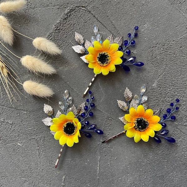 sunflower and blue bridal hair pins sunflower hair pin Sunflower bridal headpiece Flower hair pins with sunflowers hair clip Fall wedding