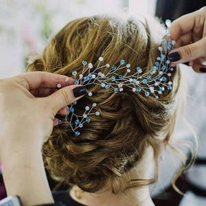 Blue Wedding Hair Vine: Boho Bridal Headpiece with Pearls