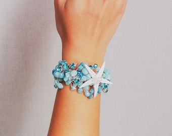 Blaue Sea Shell Seestern Armband: Braut Hochzeit Strandschmuck