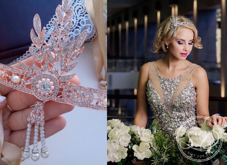 May include: A rose gold headband with a delicate floral design and pearl accents. The headband is adorned with sparkling rhinestones and features a dangling pearl drop.