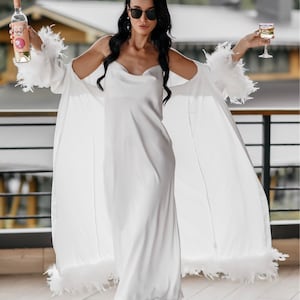 Feather robe long Feather robe with train White feather robe wedding day robe Bride Robe with Feathers Bridal Shower Gift Getting Ready Robe