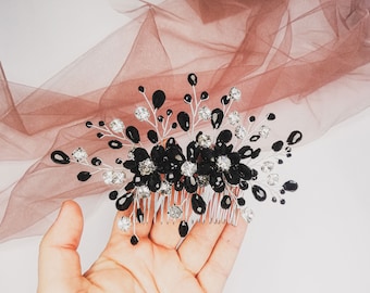 Peineta de cristal negro, tocado gótico para boda, disfraz de Halloween, accesorios para el cabello góticos para boda, tocado para mujer, clips vintage