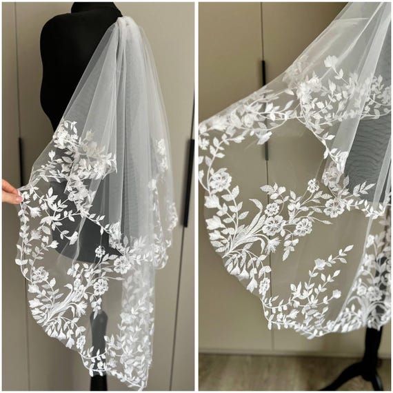 Two tier lace trim veil 2two layers flower lace veil Floral Two Tier Wedding Veil Embroidery floral veil 2 Tier With Blusher Veil Floral vei
