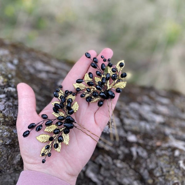 Gold black headpiece Gothic hairpiece Bridal Black hair pin Black hair piece gold Hair clip Gothic Wedding  gold black crystal hair pins