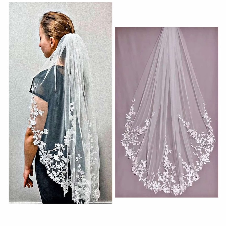 Flower wedding veil cathedral veil Boho wedding veil Chapel length floral veil lace edge bridal veil Celestial Flower Lace Embroidery Veil image 6