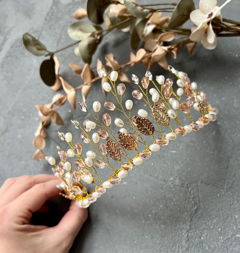 Laurel leaf tiara Wedding tiara Gold Laurel leaf crown Crystal tiara Bridal crown Wedding Hair Piece Bridal golden halo Grecian headpiece image 4