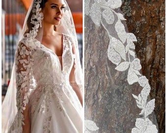 Embroidery wedding veil Lace Mantilla Wedding Veil floral lace chapel veil Vintage Bridal veil with flowers Ivory embroidery kate middleton