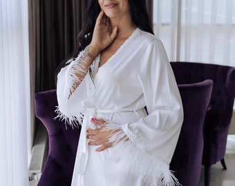Luxe Feather Bridal Robe Chiffon Robe White Silk Robe with Feather Sleeves White Robe for Bride Ostrich feather robe Luxury feathers robe