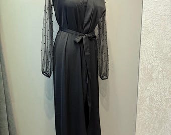 Zwart gewaad met parelmouwen Zwarte parels gewaad Tule bruidsgewaad bruiloft boudoirjurk parels pure gewaad kimono gewaad zijden gewaad cadeau