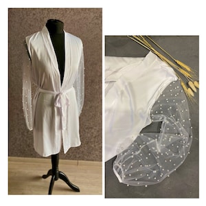 Pearl Wedding Bridal Robe Bridal Robe with Pearl Sleeves kimono robe with pearls boudoir robe Pearl Maternity Robe Pearl Transparent Robe image 1