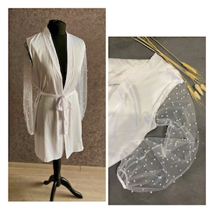 Pearl Wedding Bridal Robe Bridal Robe with Pearl Sleeves kimono robe with pearls boudoir robe Pearl Maternity Robe Pearl Transparent Robe