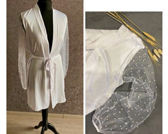 Pearl Wedding Bridal Robe Bridal Robe with Pearl Sleeves kimono robe with pearls  boudoir robe Pearl Maternity Robe Pearl Transparent Robe