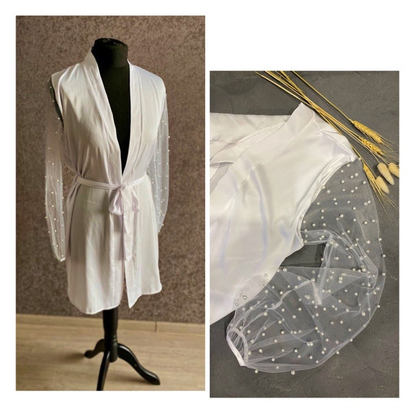 Pearl Wedding Bridal Robe Bridal Robe with Pearl Sleeves kimono robe with pearls  boudoir robe Pearl Maternity Robe Pearl Transparent Robe