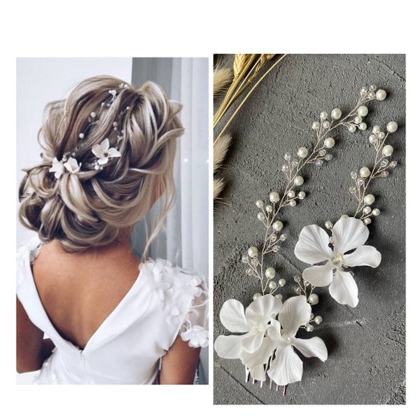 bride headpieces Floral hair piece Wedding flower hair vine Bride hair accessories Flower pieces for bride White hairpiece beach wedding