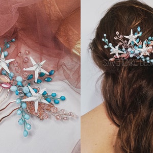 Turquoise peach pink starfish hair comb,beach wedding hair accessories,seashell hair clip,Destination mermaid party hairpiece,blush hair pin