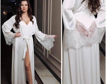 Weißer Spitzen-Robe Schiere Spitze-Seiden-Robe Damen-Flitterwochen-Dessous Hochzeit Hausmantel Lange Spitzen-Robe Brautrobe mit Ärmeln Kimono-Robe