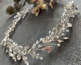 Celestial Bridal Hair Vine Moonstone Wedding Headpiece hair vine with stars Constellation hair accessories Astrology vine Moon and Stars