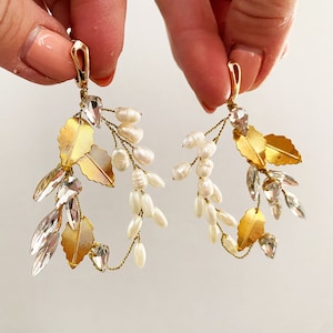 Bridal Earrings Freshwater Pearl & Crystal Wedding Earrings with gold leafs Flower Leaf Wedding Hoop Earrings Leaves crystal earrings