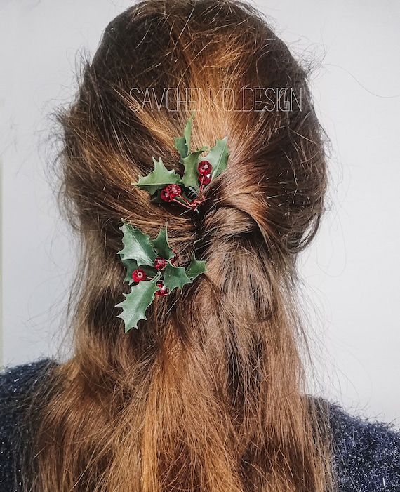 Holly Weihnachten Haarspange grüne Blätter & rote Perlen pins Weihnachten Haarspangen Urlaub Haarschmuck Holly Stirnband Weihnachten Stirnband