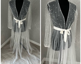 Pearl bridal robe robe with pearl sleeves boudoir robe Dressing gown pearl photography robe Plus size pearl robe Long Bridal Robe with Pearl