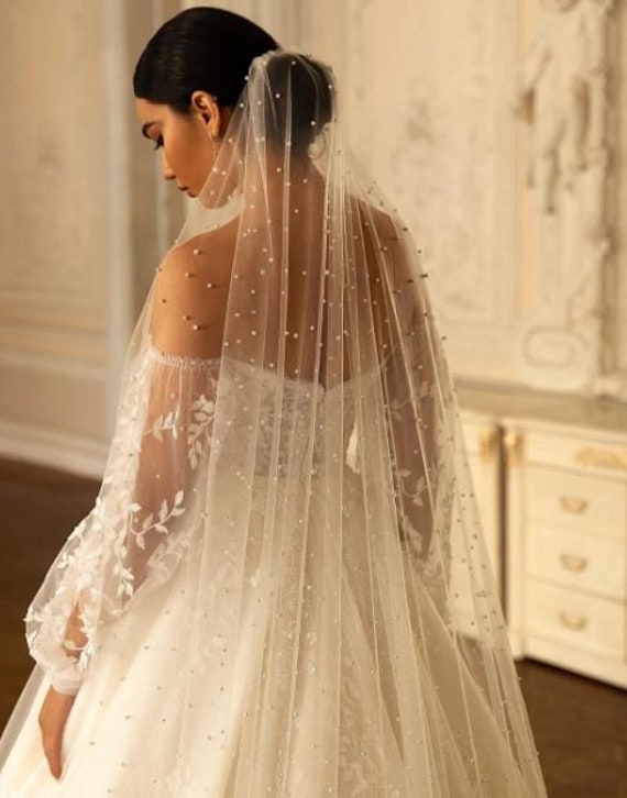 Scattered Pearl Veil on Soft Bridal Tulle Elbow, Fingertip, Waltz or Cathedral  Length 