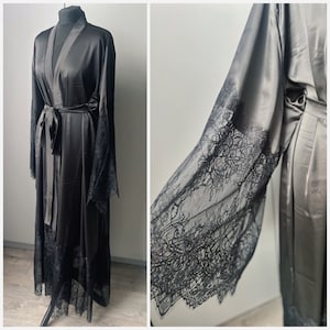 Black Lace Robe Wedding Party Robe Bridal Party Gift Black Bridesmaid robe Plus Size wedding robe gothic robe Black wedding Kimono